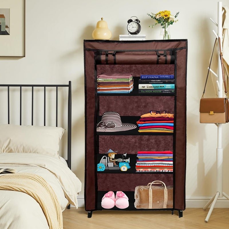 PHILOSHOP 4 Tier Collapsible Wardrobe Clothes Organizer Adjustable Racks Space Saving Foldable Stand Multipurpose Storage Shelves Lightweight Cabinet for Men, Women, Kids with Cover (Brown)