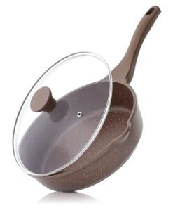 Sensarte 30Cm Swiss Granite Coating Deep Frying Pan Skillet With Glass Lid, Non-Stick, PFOA/PFOS/APEO Free, Saute Pan With Lid, Stay-Cool Handle, Chef Pan Healthy Cookware Cooking Pan With Cover, Induction And Gas Compatible, Dishwasher Safe, Toffee Brown