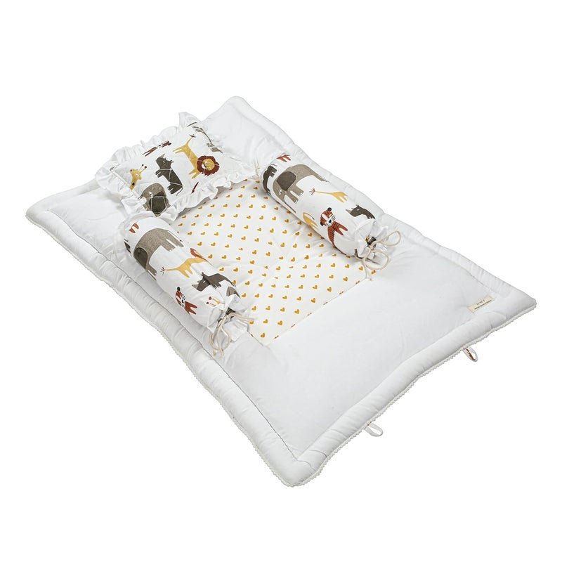 NWF Pack of 4 – Unisex Baby Bedding Set | 100% Cotton Mattress, Pillow & Bolsters | Daytime Use | 26x40 Inches | Animal Print | 0–24 Months