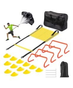 XiuWoo Agility Ladder, Speed and Agility Training Equipment Set, Includes 6M Speed Ladder, Resistance Parachute, 4 Agility Hurdles, 12 Agility Cones for Exercise Training, yellow