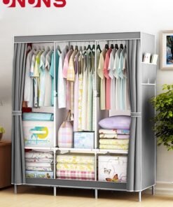 UNUNS Wardrobe Storage Closet,Fabric Clothes Organizer With Side Pockets,Zipper And Hanging Rail,Foldable Non-Woven Textile Storage Clothing Rack,Grey