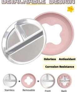 Alternative view of LUMOZ 3 Division Serving Plate, Premium 304 Stainless Steel Toddler Plate, Children Plate, Divided Suction Plates for Baby, 100% Food Grade Silicone Baby Plates, Non-Slip, Baby Led Weaning Supplies