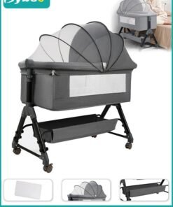 Bybeo 4Pcs Bedside Baby Crib, Portable Folding Babies Bassinet with Mosquito Net, Mattress, Diaper Changing Station, and 360° Swivel Wheels, Height Adjustable Nursery Bed for Infant Newborn