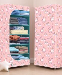 YouCopia Collapsible Wardrobe Printed Cover 6 Shelves Storage Clothes Storage Rack Quick Wardrobe/Cabinet/Multipurpose Storage Rack, Foldable, Collapsible Organizer, Standard (Unicorn-Pink)