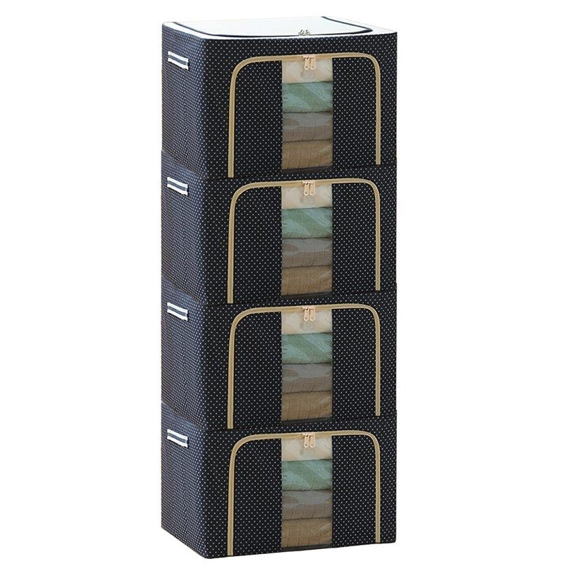 ALLWIN-HOUSEWARE W Organisers Storage Box for Clothes 66 Liter Capacity Wardrobe Organizer for Clothes Storage Organizer Foldable Steel Frame with Zipper & Clear Window with Handle (Blue Dot, 66 Ltr - Pack of 4)