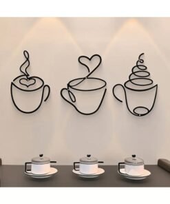 Zeemey 3pcs Modern Black Metal Coffee Cup Wall Art, Graphic Pattern Sculpture, Cultural Theme Wall Mount Decor for Living Room, Restaurant Background, Indoor Use - Luxurious Iron Art Wall Hanging