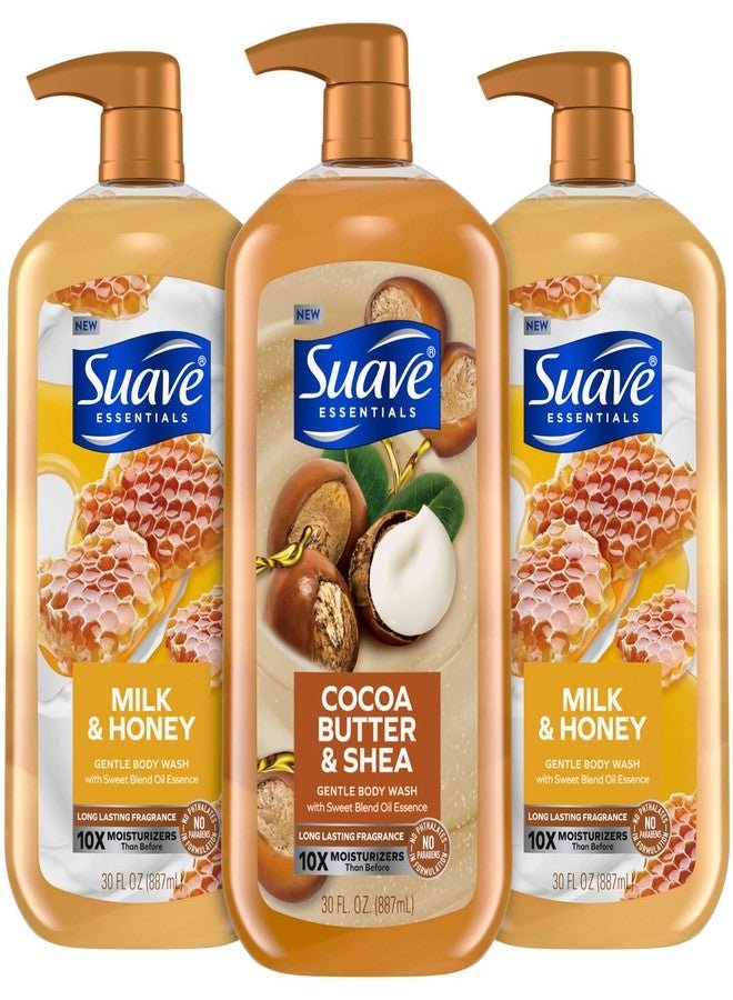 Suave Body Wash Variety Bundle - Milk & Honey 2-Pack & Cocoa Butter Shea, Gentle & Moisturizing Body Washes with Vitamin E, 30 Oz Ea (3 Piece Set)