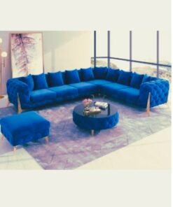 Maharat Al Bahar Golden-Legged L-Shaped Chesterfield Velvet Sofa Set Luxury Living Room Blue  6 Seater