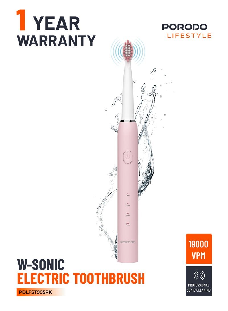 porodo W-Sonic Electric Toothbrush with 100 Days Battery Life & Professional Sonic Cleaning / Low Noise Operation / IPX7 Water Resistant / 2 min Smart Timer - Pink