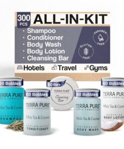 Terra Pure White Tea & Coconut Toiletries Set | 1-Shoppe Amenities Kit | 1oz Shampoo & Conditioner, Body Wash, Lotion, 1.25oz Bar Soap | Travel Size | 300 Pieces