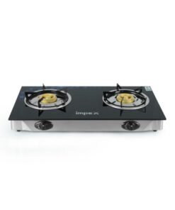 Impex 2 Burner Glass Top Gas Stove with Auto Ignition - IGS 1214F, Toughened Glass, Stainless Steel Spill Tray & Pan Support – High Efficiency Blue Flame, Ergonomic Knobs, L Shape Gas Inlet Kitchen Food Fast Cooking, 2-Year Warranty IGS 1214F Black/Silver