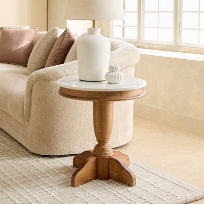 Degas Round Genuine Marble Top End Table with Soli...