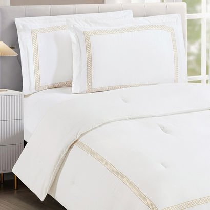 White Bliss 3-Piece Jali Embroidered Twin Comforte...