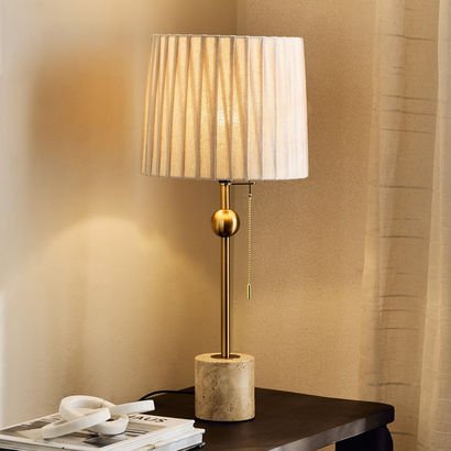 Zeston Travertine and Metal Pleated Shade Table La...