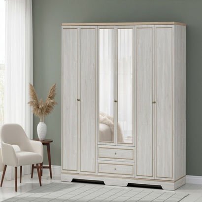 Glorenza 6-Door Wardrobe with 2 Drawers and Mirror