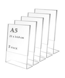 TPGP A5 Acrylic Sign Holder, 5 Pcs Acrylic Poster Menu Holder, Clear Plastic Display Holders, L-Shape Perspex Leaflet Table Menu Display Stands for Restaurant Store Hotel Office Stall Exhibition