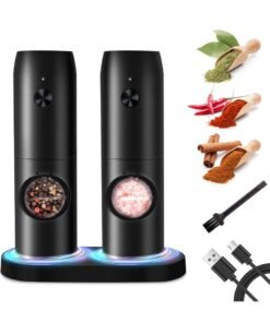 Salt and Pepper Mill Electric Set of 2 with Rechargeable Base, Adjustable Coarseness Spice Mill, Automatic Grinding, LED Light with Cleaning Brush for BBQ Restaurant Kitchen