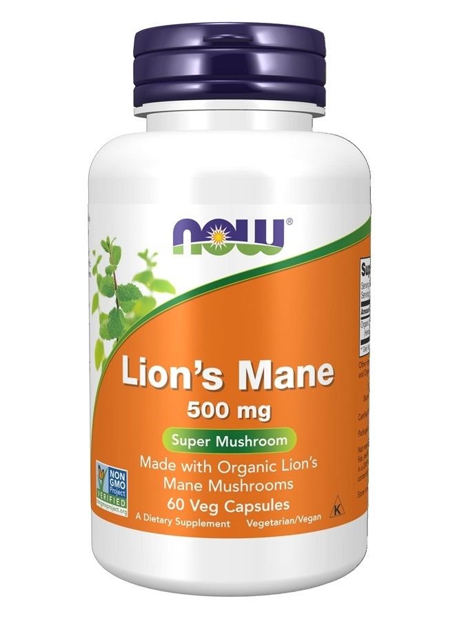 now Supplements, Lion's Mane 500 mg, Super Mushroom, Made with Organic Lion's Mane Mushrooms, 60 Veg Capsules