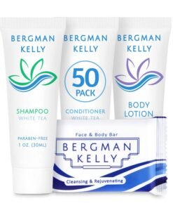 BERGMAN KELLY Hotel Toiletries Bundle White Tea 1 oz each 200 Pieces 4Piece Set 50 Rectangular Bar Soap 50 Shampoo 50 Conditioner  50 Body Lotion  Bulk Mini Guest Amenities