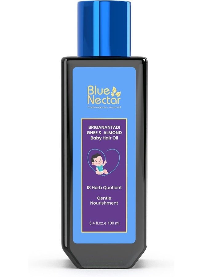Blue Nectar Ayurvedic Baby Hair Oil with Organic Ghee, Almond Oil, Coconut Oil & Olive Oil for Hair and Scalp (18 Herbs, 100 ml)
