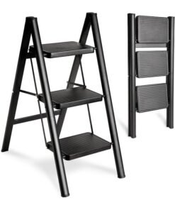 MOMENT 3 Step Ladder Folding, Sturdy 150Kg Small Step Stool For Adults, Safer Full Steel Multi-Use Kitchen Ladder For Home, Closet Step Stool Ladder With Anti-Slip Wide Pedals, Black