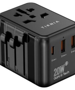 TIKNIA Universal International Power Travel Plug Adapter, 4 in 1 European Travel Plug Adaptor 2xUSB-A and 1xUSB C Fast Wall Charger and Worldwide AC Outlet for Europe USA UK AUS Asia (Black)