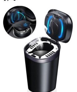 JoyousSto Car Ashtray with Lid Smell Proof, Smokeless Ashtray, Mini Car Trash Can, Detachable Stainless Steel Ash Tray with Lid and LED Blue Light
