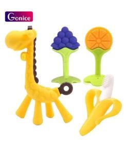 Gonice 4Pcs Baby Teething Toys 3-6 Months, Silicone Baby Teether Freezer BPA Free, Babies Teething Relief Sore Gums, Banana Toothbrush, Fruit Shape Giraffe Newborn Teether Gift for Infant Boy and Girl