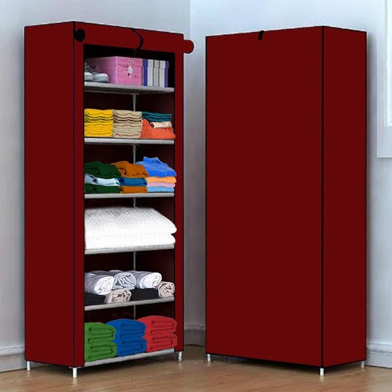 BONTEC Portable Collapsible Wardrobe for Clothes Storage – Foldable Cloth Organizer Cupboard with Shelves for Bedroom & Home (Durable, Space Saving Design) (Maroon)