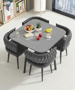 Harmony Home - 5-Piece Dining Table Set - 4 Velvet Chairs and 1 Marble Top Table - Scratch-Resistant Easy to Clean Compact Nordic Design for Kitchen Apartment and Living Room - Grey