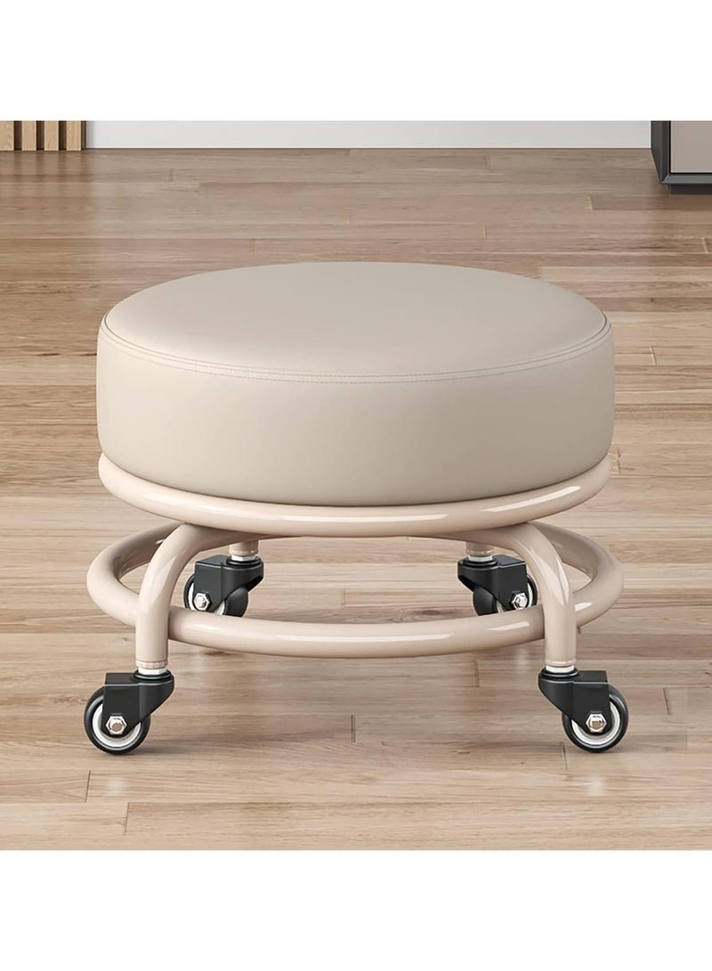 DubaiGallery Round Low Stool with Brake Wheels Beautiful Seam Construction Bench Stool PU Nylon Steel Frame Children's Mobile Stool
