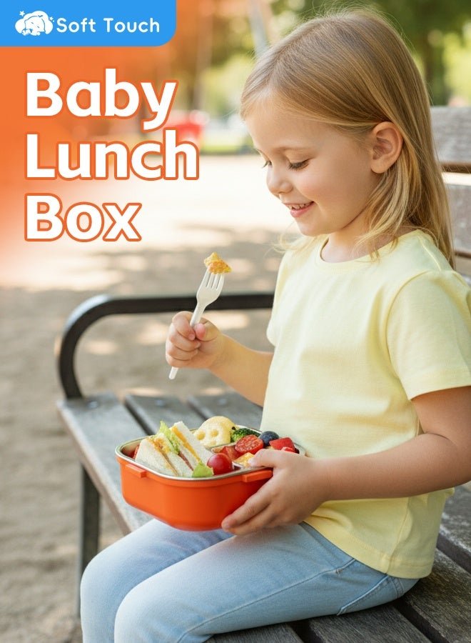 Soft Touch Stainless Steel Baby Lunch Box, Toddler Bento Box with Handle, Baby Food Container with Lid, Kids Snack Box with Sauce Cup and Spoon for School Travel Home (Red)