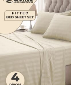 Eworld 4-Piece Luxury King Size Cream Striped Bedding Set Includes 1 Duvet Cover (220x240cm), 1 Fitted Bed Sheet (200x200+30cm), and 2 Pillow Cases (48x74+5cm) for Ultimate Hotel-Inspired Sophistication