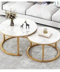 Alternative view of Round Coffee Tables Set of 2, Living Room Nesting Center Tables with White Gold Metal Frame, Modern Side End Tables for Bedroom Balcony Yard