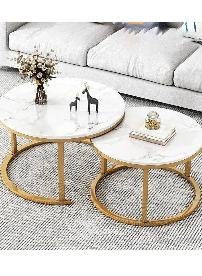 Round Coffee Tables Set of 2, Living Room Nesting Center Tables with White Gold Metal Frame, Modern Side End Tables for Bedroom Balcony Yard - Image 2