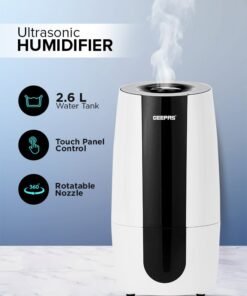 GEEPAS Ultrasonic Humidifier 2.6 L Water Tank, Touch Panel Control/ Cool Mist Operation, 2 Speed and 360-Degree Rotatable Nozzle/ Multiple Functions, Filter for Purifying and Softening Water. GUH63072UK White & black