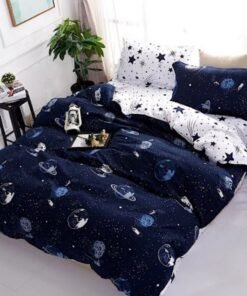 LUNA Home Single Size 4 Piece Galaxy Pattern Duvet Cover Set Blue Print Reversible Style.