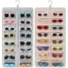 Arabest Hanging Jewelry Organizer, Dust Proof Sunglasses Storage Case Wall Mounted, Travel Dual Sided Glasses Case Multiple Pairs, Eyeglasses Holder with 32 Clear Slots & Metal Hook, Grey