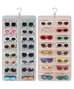 Arabest Hanging Jewelry Organizer, Dust Proof Sunglasses Storage Case Wall Mounted, Travel Dual Sided Glasses Case Multiple Pairs, Eyeglasses Holder with 32 Clear Slots & Metal Hook, Grey