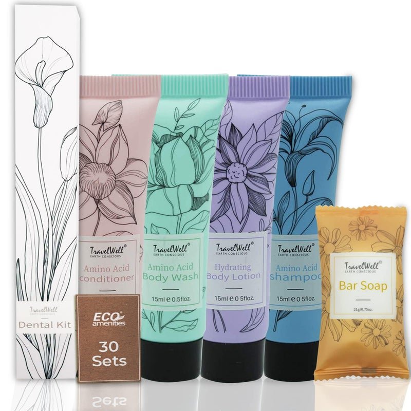 Travelwell Travel Well Hotel Toiletry Kit Bulk - Individually Wrapped Guest Bathroom Essentials - Shampoo Conditioner Set & Travel Toiletries - Soap Bars & Dental Kits - 180-Piece Set, Mint Scent
