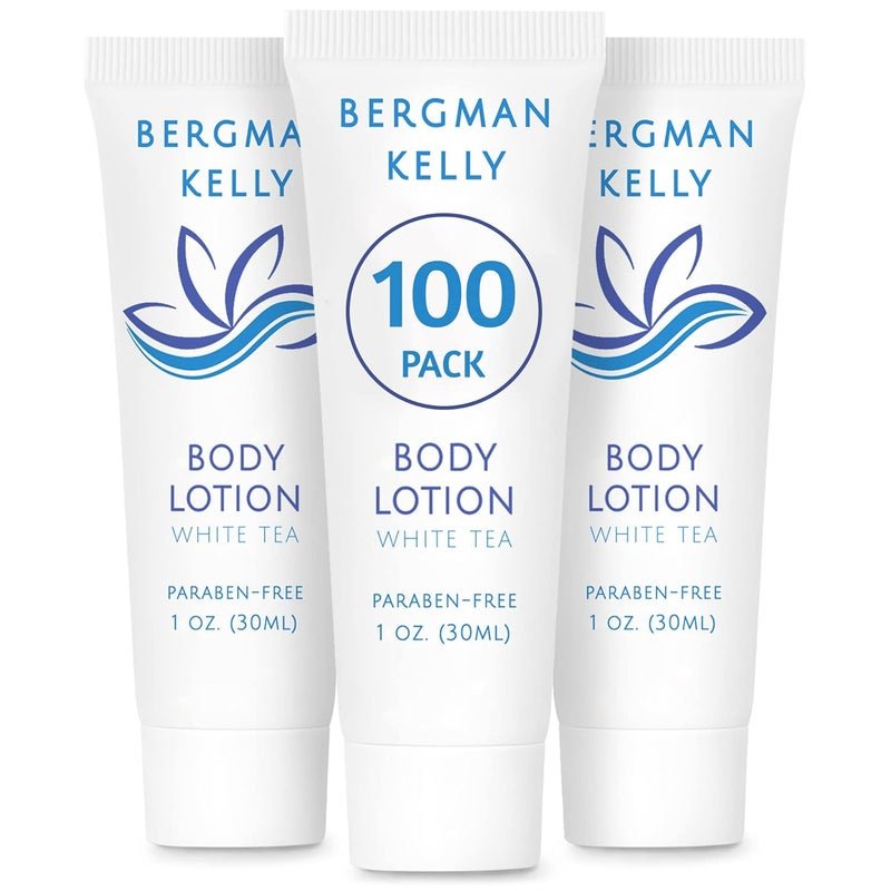 BERGMAN KELLY Travel Size Lotion 1 fl oz 100 PK White Tea Delight Your Guests with Invigorating and Refreshing Body Lotion Quality Mini and Small Size Guest Hotel Toiletries in Bulk