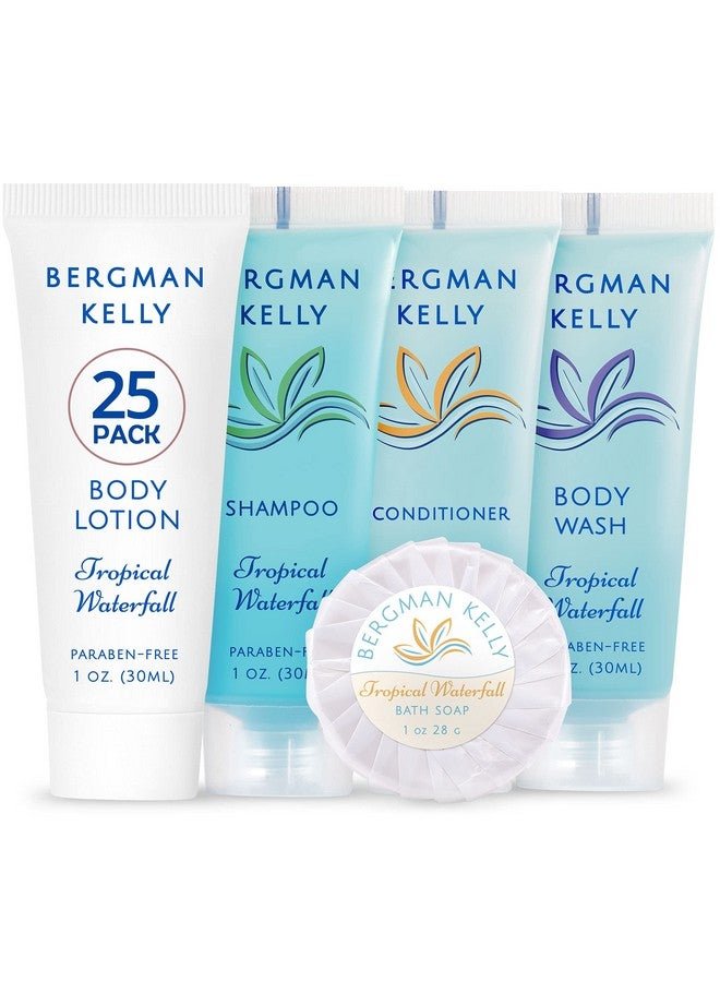 BERGMAN KELLY Hotel Toiletries Bundle (Tropical Waterfall, 1 oz each, 125 Pieces) 5-Piece Set: 25 each Round Bar Soap, Shampoo, Conditioner, Body Lotion & Body Wash - Bulk Mini Guest Amenities