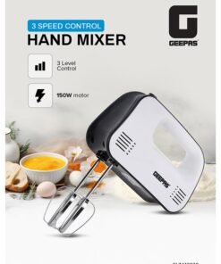 GEEPAS Hand Mixer- GHM43030/ 150 W, 3 Speed Control, Eject Button and Overheat Protection/ Perfect for Kneading Dough, Mixing Batter, Whisking Eggs, etc./ Includes 2 Attachments, Hooks and Beater/ Black and White, 2 Years Warranty 150 W GHM43030 white