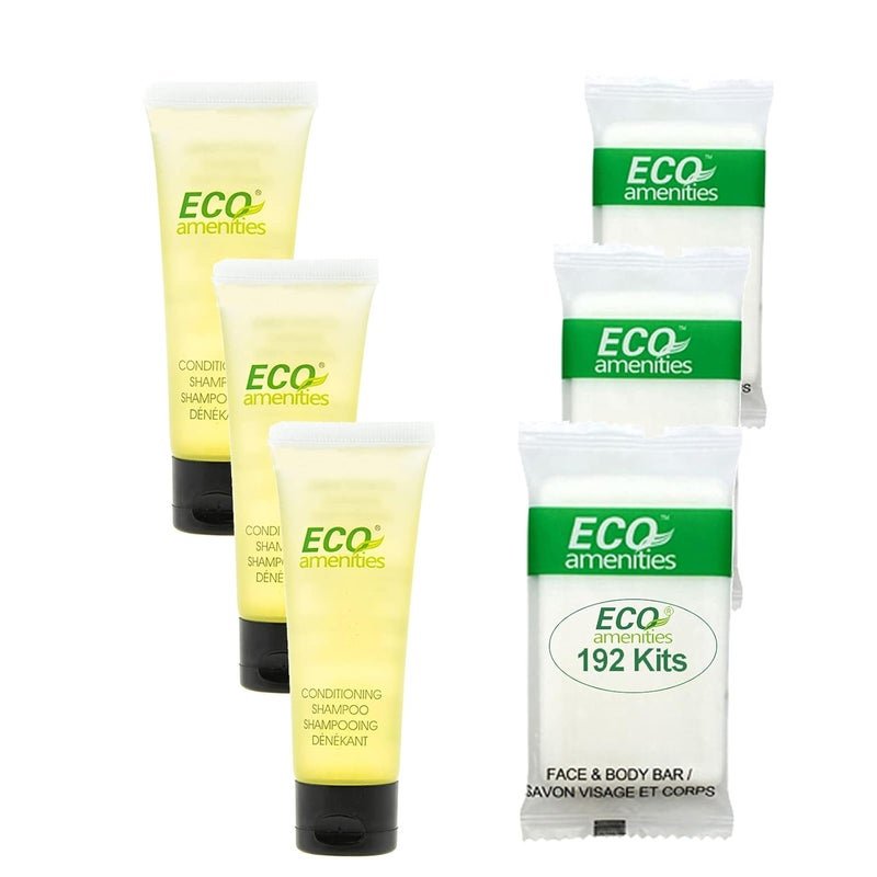 ECO amenities 2-Piece Hotel Shampoo and Small Size Face&Body Soap Bar Set; Total 384 PCS (192 Kits) Travel Size Toiletries Kit and Hotel Guest Amenities Bulk