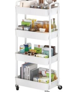 YUFAN 4-Tier Plastic Rolling Utility Cart with Handle, Multi-Functional Storage Trolley for Office, Living Room, Kitchen, Movable Storage Organizer with Wheels, White