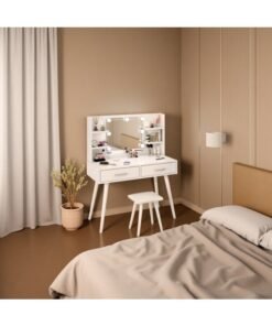 Alternative view of Bedroom Dresser and Stool Set, White Makeup Vanity Table for Girls with LED Light Mirror + 2 Drawers & Storage Shelves, 3 Light Modes Adjustable Brightness Dressing Desk