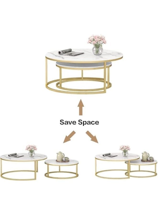 Home Modern Nesting Coffee Table Set of 2 Wooden Side Table Minimalist Round Nesting Table Sturdy Steel Frame for Small Spaces Living Room Office Sky Over - Image 2