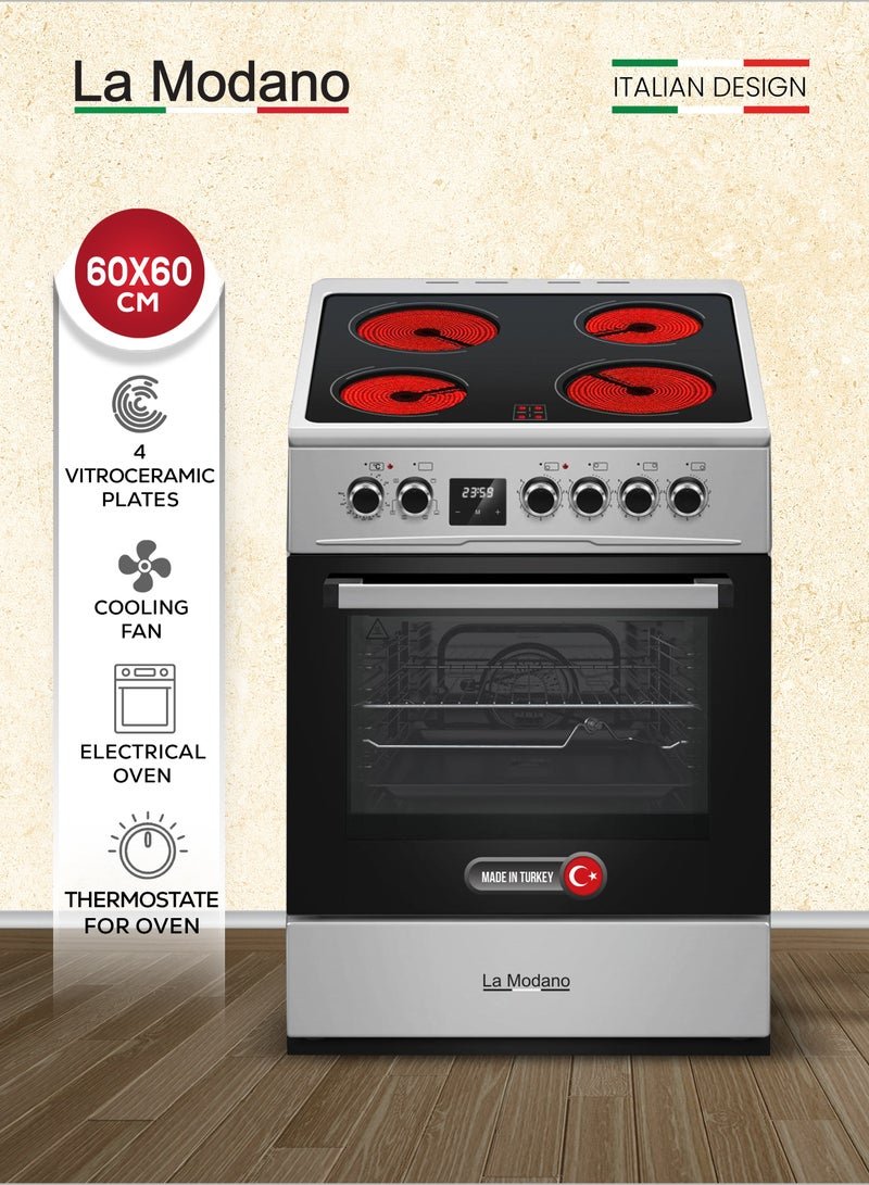 La Modano 60x60 cm Vitroceramic Electric Cooker, 4 Highlight Ceramic Heaters, Free-Standing Oven, Touch Timer, Turbo Fan, Double Glass Door, 8250W Power, LMC60VT