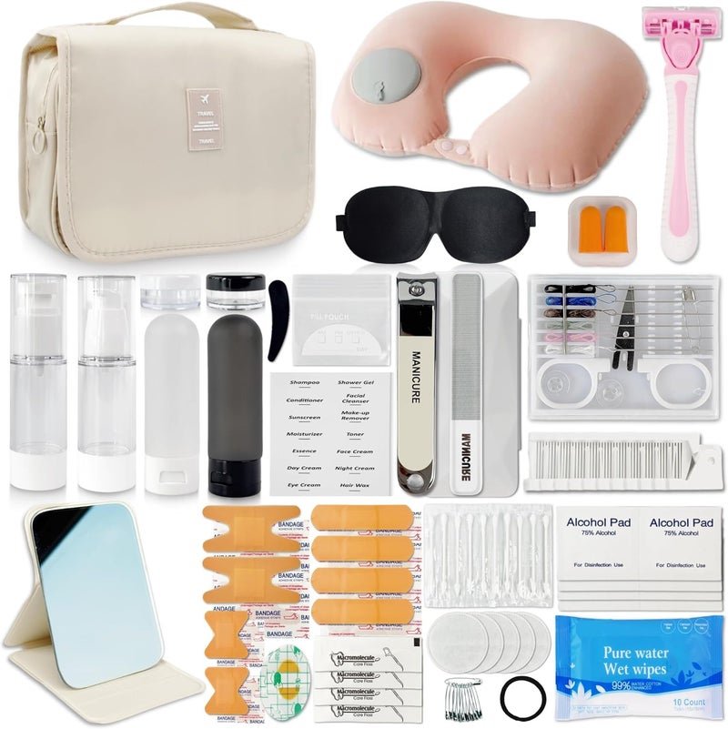 ARK Survivor Travel Kit 39 Essentials for Travel Emergency, Large Capacity Toiletry Bag, All Purpose Grooming Set, Airplane Pillow Kit, TSA Approved (Pearl Bisque Beige)