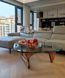 C&C Home Mid-Century Abstract Design Modern Coffee Table with Solid Wood Frame Small Triangular Side Table with Clear Glass Top Vintage Center Table for Living Room Patio Balcony 91x65x40 cm